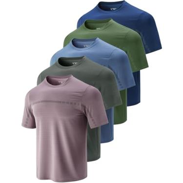 Imagem de Pacote com 5 camisetas masculinas de gola redonda de secagem rápida | Camisetas de manga curta atléticas para corrida e ginástica, Azul/roxo enevoado/verde militar/azul marinho/carocal, GG