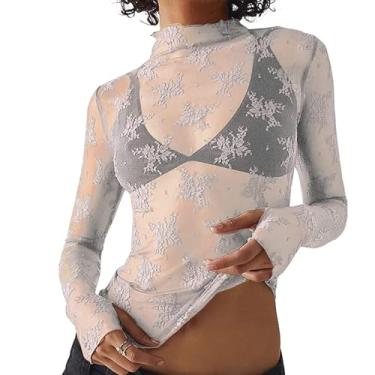 Imagem de Blusa feminina de malha transparente, manga comprida, gola redonda, renda floral, sexy, transparente, B Cinza 03, G