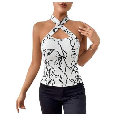 Imagem de MakeMeChic Camiseta feminina de verão com estampa gráfica cruzada frente única casual sem manga justa justa, Preto e branco, P