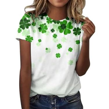 Imagem de Camisetas femininas com estampa de trevo irlandês do Dia de São Patrício para o verão, 0110-branco, M