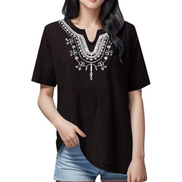 Imagem de Camiseta feminina bordada algodão linho manga curta casual gola V camiseta solta manga longa transparente, Preto, XXG