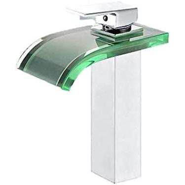 Imagem de Moderna luz led cachoeira de vidro torneira da pia do banheiro único punho torneiras misturadoras da bacia, torneira misturadora da bacia alta
