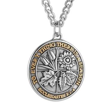 Imagem de HZMAN Colar de moedas masculino de aço inoxidável com pingente retrô Eclesiastes versículo bíblico redondo medalha colar joia presente, Aço inoxidável, Sem Pedra Preciosa