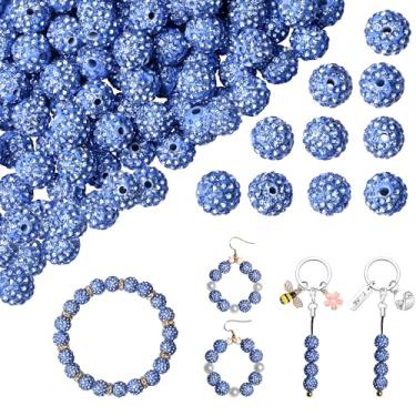 Imagem de NUKAYAI 100 contas de strass azul claro para fazer joias, contas de beisebol de argila de cristal brilhante de 10 mm para artesanato, contas azuis Shamballa DiscoBall para colar de beisebol, pulseira