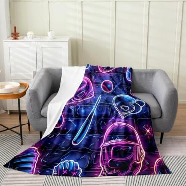 Imagem de Erosebridal Cobertor com tema de jogador neon Queen 90 x 90, cobertor de lã azul escuro, cobertor felpudo de taco de tênis, cobertor de lã esportivo competitivo para meninos, adolescentes e sofá-cama