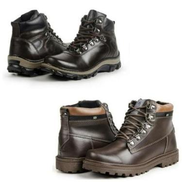 Imagem de Bota Masculina Coturno Couro Cadarço Tratorada Macia Kit 2-Masculino