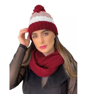 Imagem de Conjunto Touca Pompom Listrada Com Cachecol Gola Lã Macio Quentinho - 