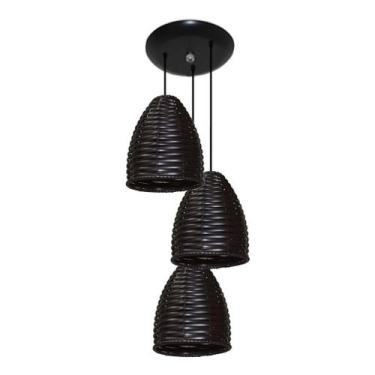 Imagem de Lustre Pendente Triplo De Junco Sintético Modelo Sino ideal Sala Quart