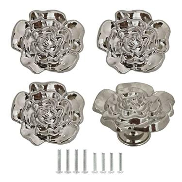 Imagem de Puxadores de flor de rosa, 4 peças, puxadores de gaveta de armário em forma de flor de metal, alça de furo único de liga de zinco, com parafusos, guarda-roupa, cômoda, armário, ferragens domésticas,