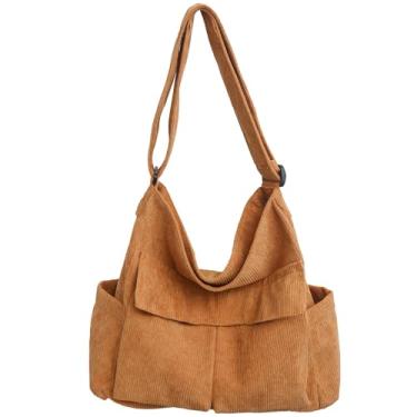 Imagem de GOQUFOY Bolsa grande de veludo cotelê para mulheres com bolso, bolsas transversais Hobo para mulheres, bolsa de ombro masculina bolsas e bolsas de mão, Marrom