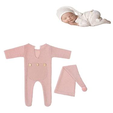 Imagem de Roupa para fotografia de recém-nascidos para meninos e meninas, fantasia de crochê, chapéu, calça, adereço de bebê, sessão de fotos, Rosa 2, 0-3 Meses
