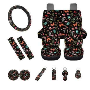 Imagem de Drydeepin 13 peças retro samambaia flor inseto libélula borboleta impressão capas de assento de carro decoração interior acessórios de carro capas de assento/capas de volante/almofadas de cinto de segurança/chaveiro/suporte de batom/porta-copos
