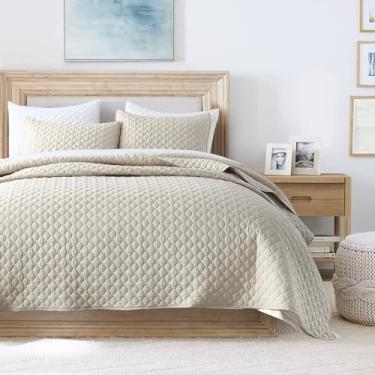 Imagem de Conjunto de colcha colcha colcha bege tamanho Queen, estilo moderno, conjunto de colcha macia de microfibra leve acolchoada para todas as estações, 3 peças inclui 1 colcha e 2 fronhas de travesseiro
