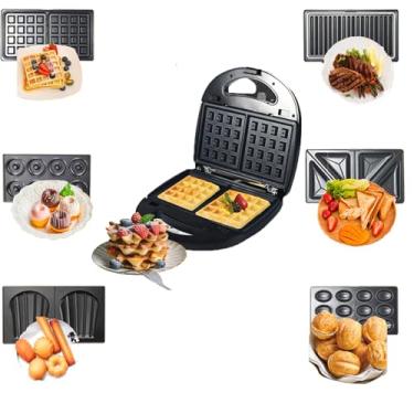 Imagem de Churrasqueira interna 6 em 1, máquina de waffles, máquina de donuts, sanduicheira de prensa com alça de toque frio, com placas de grelha antiaderentes removíveis para bifes, bolos de nozes