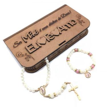 Imagem de Kit Lembrança Caixinha MDF com Terço e Pulseira Mãe Eu Te Amo - FORNEC