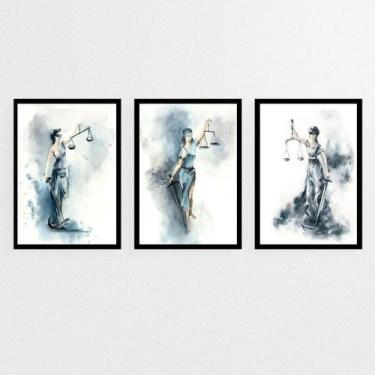 Imagem de Kit 3 Quadros Deusa Da Justiça Aquarela Azul 24x18cm - com vidro - Qua
