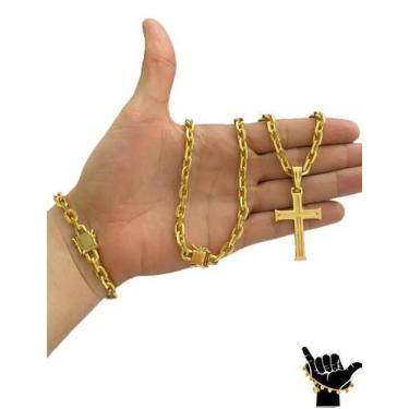 Imagem de Corrente Cadeado 6mm + Pulseira + Pingente - Banhado a Ouro - ToJoia18