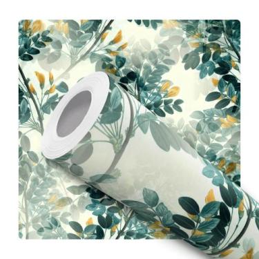 Imagem de Papel De Parede Adesivo Lavável Folhas Verdes Com Flores Amarelas Com 