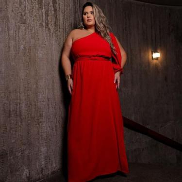 Imagem de Vestido Feminino Manga Única Plus Size Longo Com Fenda e Abertura Na M