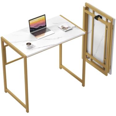 Imagem de GreenForest Mesa dobrável sem montagem, mesa pequena de 80 cm para pequenos espaços, mesa de computador para escritório em casa, mesa dobrável que economiza espaço, mesa de estudo, mármore dourado