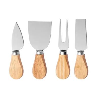Imagem de Kit Para Queijo 4 Peças em Aço Inox com Cabo de Bambu – Faca, Garfo e Espátulas para Cortar e Servir Queijos Frescos, Moles e Duros – Conjunto Gourmet para Vinhos, Petiscos e Tábuas de Frios