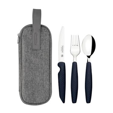 Imagem de Jogo de Talheres Assistivos Tramontina ForAll com Lâminas em Aço Inox e Cabos em Polipropileno Cinza com Estojo 4 Peças