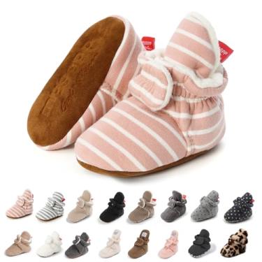 Imagem de Bota de lã Tutoo unissex para bebês recém-nascidos para meninos e meninas, meias de inverno quentes de algodão, chinelos macios para os primeiros passos, A1-pink Stripe, 6-12 Months Infant
