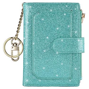 Imagem de Carteira feminina RFID pequena compacta de couro dobrável porta-cartões com zíper e bolso, Glitter Teal, Medium, Compacto