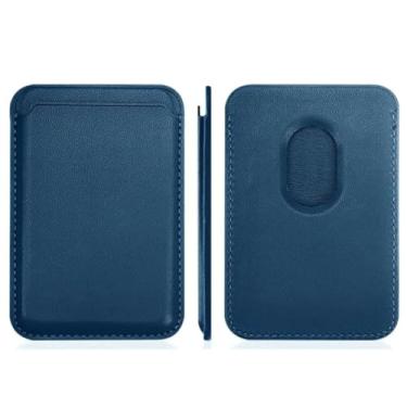 Imagem de AQUP Suporte de cartão MagSafe de couro para iPhone 15 e iPhone 14/13/12 Pro Series com MagSafe - Carteira elegante com proteção RFID., Azul marinho, Carteira magnética de couro sólido
