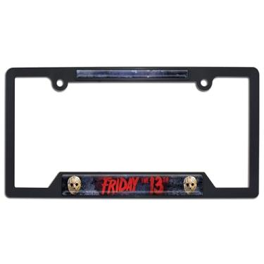 Imagem de Elektroplate Oficialmente licenciado – Moldura de placa de carro de plástico de canto aberto preto brilhante Jason Friday The 13th Movie Suporte de etiqueta de carro de terror à prova de intempéries