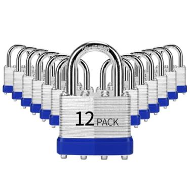 Imagem de HZSY Cadeado com chave de aço laminado (40 mm), fechaduras com chave, embalado com 12, cadeados normais, aros de plástico azul, para caixa de ferramentas, armário e unidade de armazenamento ou mais