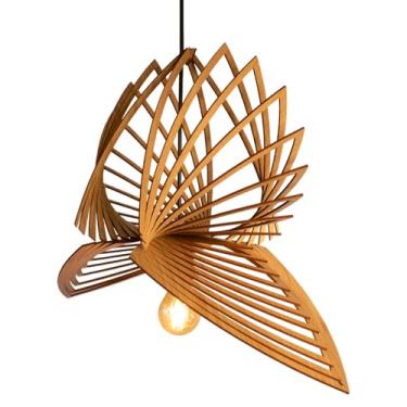 Imagem de Luminária Lustre Pendente Vazado Aletado MDF Madeira Rústico (MARFIM)