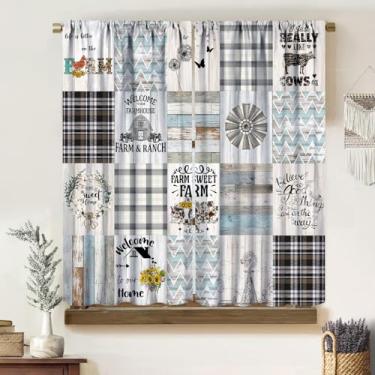 Imagem de Cortinas de retalhos rústicas, vintage fazenda cabana moinho de vento prancha de madeira azul xadrez girassol vaca gado galinha tratamentos de janela, cortinas blackout com bolso para varão, para sala