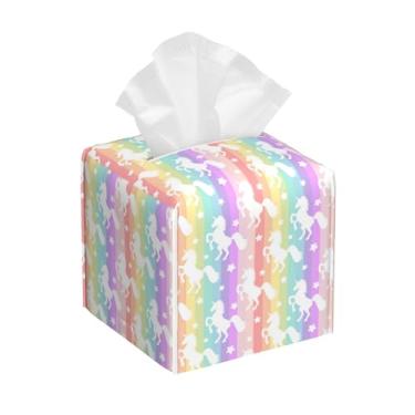 Imagem de Suporte de caixa de lenços de couro silhueta de unicórnio em listras de arco-íris capa de caixa de papel facial organizador cubo dispensador de guardanapo para banheiro vaidade bancada mesa de