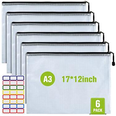 Imagem de Sacos de arquivo de plástico com zíper, 6 peças de pastas de documentos à prova d'água resistentes a rasgos, tamanho A3, bolsa organizadora de documentos para escola, escritório, casa, armazenamento