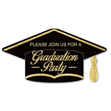 Imagem de Convites de festa de formatura com envelopes, 20 conjuntos de convites em forma de chapéu de formatura convites para festa de formatura convites para festas, lembrancinhas, dupla face, preto e dourado