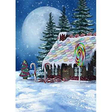 Imagem de Laeacco 1,8 x 2,4 m fundo de casa de gengibre colorido casa de doces cenário de neve pirulitos pano de fundo lua cheia inverno floresta visão noturna festa de Natal crianças recém-nascidos retratos de