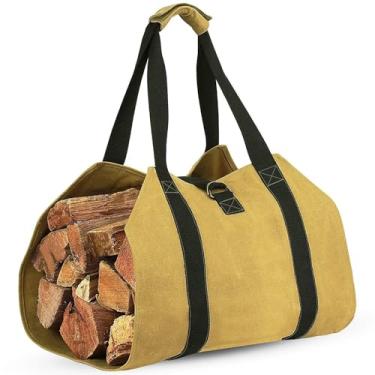 Imagem de Softclub Bolsa de transporte de lenha com alça, sacola de lona resistente para lenha de 90 x 45 cm, porta-troncos para lareira, ao ar livre, acampamento, amarelo, moderno