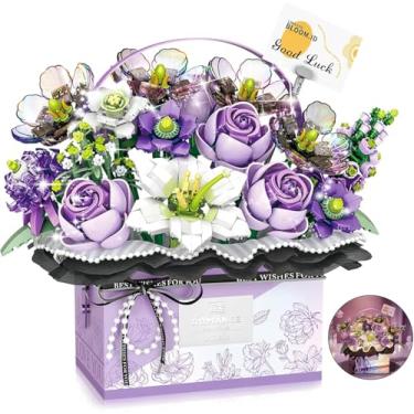 Imagem de Blocos de Montar Buquê de Flores com Luz | Buquê Flor Rosa com Blocos de Construção e Iluminação LED (Roxo)