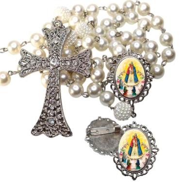 Imagem de Terço de Noiva de Luxo Cravejado com Broche de Lapela Nossa Senhora do