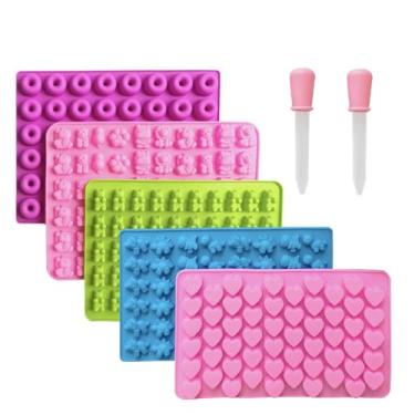 Imagem de LeLehome Conjunto de moldes de silicone com 5 peças - Urso, dinossauro, animal, donut, moldes de doces de coração 261 cavidades com 2 conta-gotas - antiaderente, livre de BPA para chocolate e