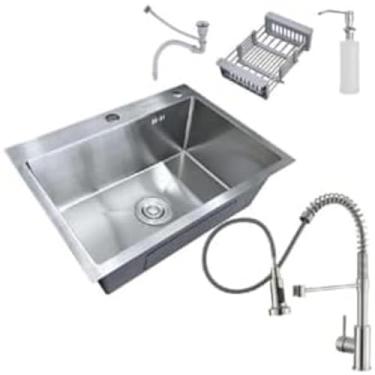Imagem de Kit Cuba Gourmet 60x45 Pia Cozinha Completa Com Acessórios Inox + Torneira Monocomando Misturador Extensível Flexível Aço Inox Prata Brinovar