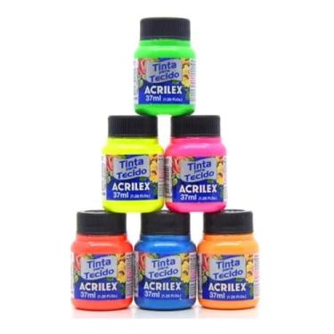 Imagem de Kit Tinta Para Tecido Fluorescente 37ml - Acrilex Com 6 Cores - Azul, Vermelho, Maravilha, Verde, Ouro e Limão Fixação a Frio e Alta Cobertura Recomendado Para Tecidos De Algodão Sem Goma É Ideal Para Customização De Roupas, Decoração E Outras Aplicações Artísticas