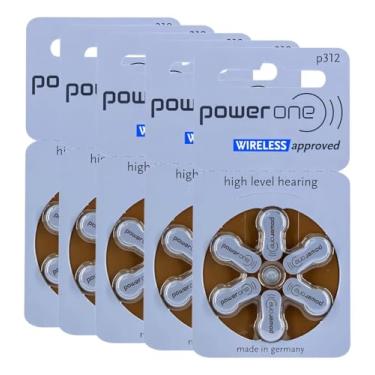 Imagem de Baterias Auditivas Power One A312 (Tamanho 312 / PR41) - Kit Econômico com 5 Cartelas (30 Pilhas Total) - Alemã e Longa Duração - Pilhas para Aparelho Auditivo Sem Mercúrio