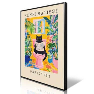 Imagem de XMJJQQ Arte de parede em tela de gato, gato preto no vaso sanitário lendo pôster de banheiro, impressão inspirada em dopamina rosa Henri Matisse de meados do século, imagem botânica tropical verde 20