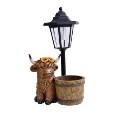 Imagem de Bothyi Estátua de vaca Terras Altas, escultura animal com luzes solares, estatueta de resina, artesanato, presentes elegantes, decoração, ornamento para, Balde de Madeira