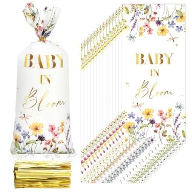 Imagem de FYSUIMU 100 unidades de sacos de celofane para chá de bebê de flores silvestres com laços torcidos para bebês em flor, sacos de doces de plástico floral para lembrancinhas de festa de aniversário