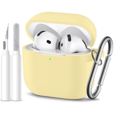 Imagem de Dgege Capa protetora completa de silicone macio para AirPods 4 com chaveiro e kit de limpeza, compatível com Apple Airpods 4 para mulheres, homens (amarelo-creme)