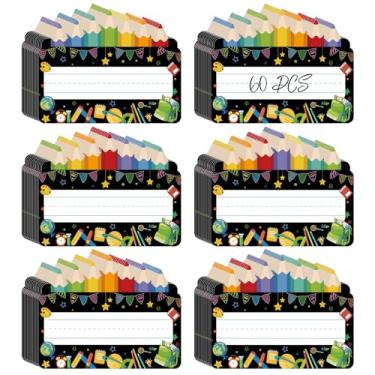 Imagem de 60 etiquetas de nome para mesas de sala de aula, recortes de lápis de papel colorido, quadro de avisos, etiquetas de nome para decoração de festa escolar em sala de aula (preto)