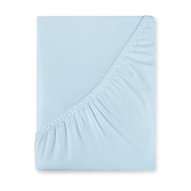 Imagem de Lençol King Royale Linen 400 fios 100% algodão cultivado nos EUA – Lençol com elástico em toda a volta – Tecido de cetim luxuoso – Lençol de baixo de ajuste confortável para até 40 cm (king, azul